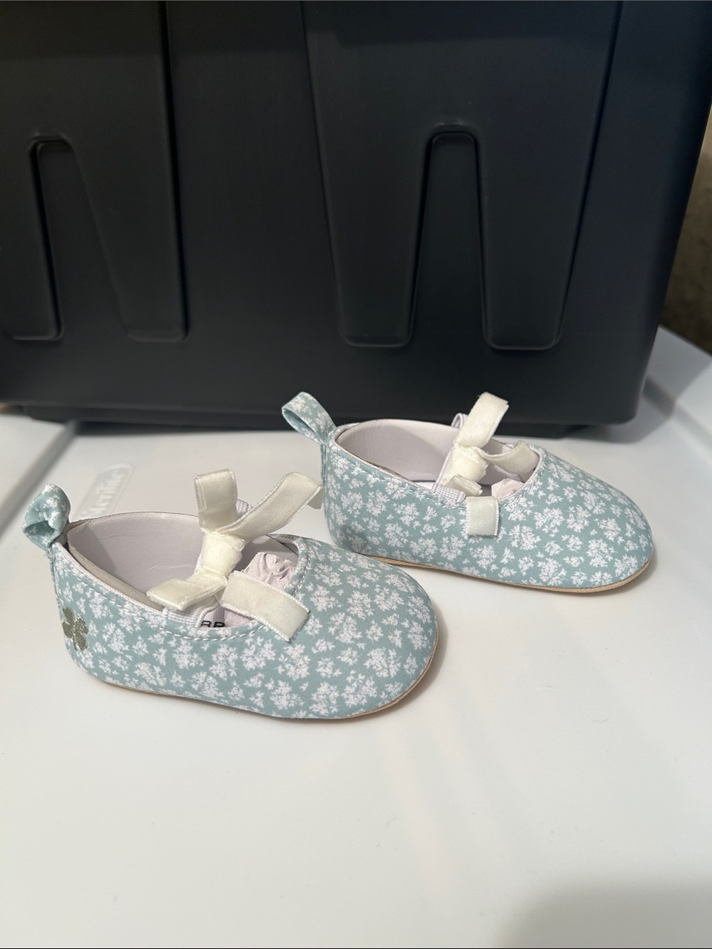 Lucky Brand Baby Floral Mary Janes in Light Blue with Cream Bows